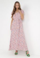 Różowo-Niebieska Sukienka Kallare. Czerwone sukienki Born2be, m, bez wzorów, z materiału, bez kołnierzyka, bez ramiączek, maxi. W wyprzedaży za 111.99 zł.