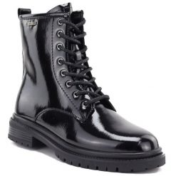 Skórzane botki damskie glany lakierowane czarne Big Star UU274613. Czarne botki BIG STAR, bez wzorów, z lakierowanej skóry, retro, bez obcasa, bez zapięcia. Za 279.99 zł.