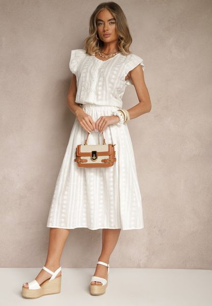 Biały Bawełniany Komplet Ozdobiony Haftem Koszula z Krótkim Rękawem i Spódnica Efrurina. Białe koszule Renee, l, bez wzorów, z bawełny, bez kołnierzyka, bez ramiączek. Za 99.99 zł.