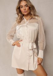 Jasnobeżowa Mini Sukienka o Koszulowym Fasonie z Materiałowym Paskiem i Siateczką Idanes. Brązowe sukienki Renee, bez wzorów, z materiału, eleganckie, bez kołnierzyka, bez ramiączek, mini, koszulowe. W wyprzedaży za 99.99 zł.