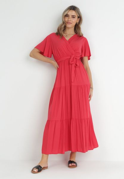 Czerwona Rozkloszowana Sukienka Maxi z Wiązanym Paskiem Japhelia. Czerwone sukienki Born2be, l, bez wzorów, z materiału, klasyczne, bez kołnierzyka, bez ramiączek, maxi, rozkloszowane. Za 79.99 zł.