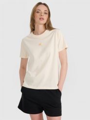 4F T-shirt oversize z nadrukiem damski - beżowy M. Brązowe t-shirty 4f, l, bez wzorów, z bawełny, klasyczne, bez kołnierzyka, bez ramiączek. Za 69.99 zł.