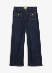 Jeansy z szerokimi nogawkami. Niebieskie jeansy bonprix, bez wzorów, z jeansu. Za 149.99 zł.