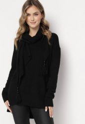 Czarny Sweter o Lekko Luźnym Kroju z Szalikiem w Komplecie Beruma. Czarne swetry Born2be, na zimę, l, bez wzorów, bez ramiączek. W wyprzedaży za 101.99 zł.