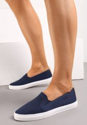 Granatowe Wsuwane Tenisówki Ozdobione Wstawką z Ekoskóry na Zapiętku Eliriaba. Niebieskie buty sportowe lifestyle Renee, bez wzorów, ze skóry, sportowe, bez zapięcia. W wyprzedaży za 39.99 zł.