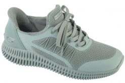 Buty sportowe Sneakersy damskie, Skechers Slip-Ins: Bobs Geo Lite - Divine Pace. Zielone buty treningowe Skechers, bez wzorów, z materiału, przed kostkę, bez zapięcia, trekkingowe. Za 299.99 zł.