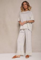 Jasnoszary Komplet Oversize z Bluzką i Luźnymi Spodniami w Stylu Boho Ronivara. Szare bluzki Renee, l, z aplikacjami, boho, bez kołnierzyka, bez ramiączek. W wyprzedaży za 75.99 zł.