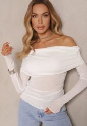 Biała Bluzka Hiszpanka z Wiskozą z Prążkowanego Materiału Sesarose. Białe bluzki Renee, m, bez wzorów, z jeansu, eleganckie, bez kołnierzyka, bez ramiączek. W wyprzedaży za 47.99 zł.