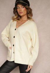 Jasnobeżowy Casualowy Kardigan z Wełną na Guziki Floradi. Brązowe swetry Renee, uniwersalny, bez wzorów, z jeansu, eleganckie, bez ramiączek. W wyprzedaży za 151.99 zł.