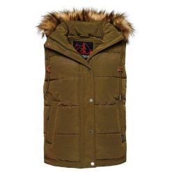 Damska kurtka puchowa bez rękawów ze sztucznego futra Superdry Everest. Zielone kurtki Superdry, bez wzorów, z puchu, eleganckie, bez kaptura. W wyprzedaży za 499.75 zł.