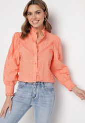 Pomarańczowa Bawełniana Koszula w Rustykalnym Stylu z Kwiatowym Haftem i Stójką Lanolira. Brązowe koszule Born2be, l, bez wzorów, z bawełny, eleganckie, bez kołnierzyka, bez ramiączek. Za 179.99 zł.