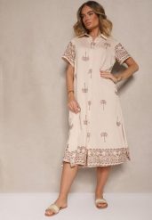 Beżowa Sukienka z Wiskozą o Pudełkowym Kroju z Kołnierzykiem z Haftem Sanavelle. Brązowe sukienki Renee, na co dzień, l, bez wzorów, z wiskozy, eleganckie, bez kołnierzyka, bez ramiączek, midi. Za 119.99 zł.