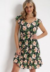 Granatowa Sukienka Bawełniana w Kwiaty Aimya. Niebieskie sukienki Born2be, l, bez wzorów, z bawełny, bez kołnierzyka, bez ramiączek, mini, rozkloszowane. Za 79.99 zł.