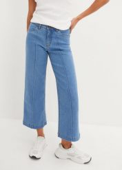Dżinsy Wide Leg, mid waist, cropped. Niebieskie jeansy bonprix, bez wzorów, z jeansu. Za 112.99 zł.