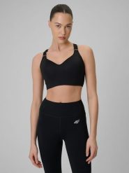 4F Biustonosz treningowy z wysokim wsparciem damski - czarny L. Czarne biustonosze sportowe 4f, bez wzorów, z gumy, na fitness i siłownię. Za 179.99 zł.