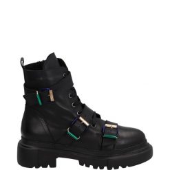BOTKI Z KOLOROWYMI KLAMRAMI 1006-08 BLACK. Czarne botki Venezia, bez wzorów, ze skóry, bez obcasa, bez zapięcia. Za 339.00 zł.