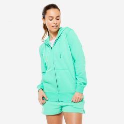 Bluza na zamek damska Domyos Gym & Pilates. Czarne bluzy NYAMBA, l, bez wzorów, z bawełny, sportowe, bez ramiączek, bez kaptura. Za 99.99 zł.