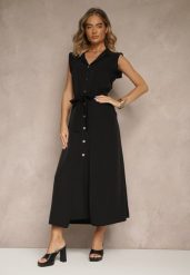 Czarna Sukienka z Paskiem Koszulowa o Rozkloszowanym Fasonie Mavoselle. Czarne sukienki Renee, na co dzień, m, bez wzorów, z jeansu, eleganckie, bez kołnierzyka, bez ramiączek, maxi, koszulowe. W wyprzedaży za 135.99 zł.