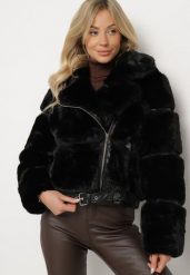 Czarna Kurtka z Futerkiem Ozdobiona Asymetrycznym Suwakiem i Paskiem Neatharia. Czarne kurtki Born2be, xl, bez wzorów, z jeansu, eleganckie, bez kaptura. W wyprzedaży za 146.99 zł.