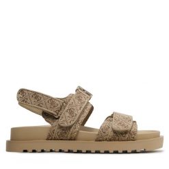 Sandały Guess. Brązowe sandały Guess, z aplikacjami, bez obcasa, na płaskiej podeszwie, bez zapięcia. Za 549.99 zł.