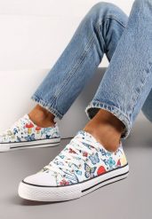 Biało-Niebieskie Sznurowane Trampki z Grubą Podeszwą i Cholewką Przed Kostkę Ahirte. Białe trampki Renee, z aplikacjami, z jeansu, przed kostkę, bez zapięcia. W wyprzedaży za 31.99 zł.