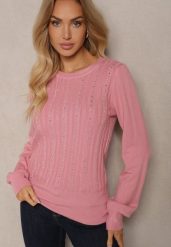 Różowy Sweter z Wiskozą Ozdobiony Cyrkoniami i Tłoczeniem Berini. Czerwone swetry Renee, l, z aplikacjami, z jeansu, casualowe, bez ramiączek. W wyprzedaży za 63.99 zł.