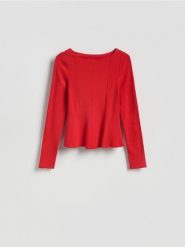 Bluzka z baskinką - czerwony. Czerwone bluzki Reserved, l, bez wzorów, z bawełny, bez kołnierzyka, bez ramiączek. Za 99.99 zł.