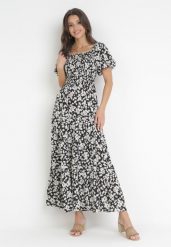 Czarna Rozkloszowana Sukienka Maxi w Kwiaty Casceia. Czarne sukienki Born2be, m, bez wzorów, bez kołnierzyka, bez ramiączek, maxi, rozkloszowane. W wyprzedaży za 69.99 zł.