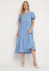 Jasnoniebieska Sukienka o Rozkloszowanym Kroju z Wiskozą Filastia. Niebieskie sukienki Born2be, na co dzień, l, bez wzorów, z wiskozy, eleganckie, bez kołnierzyka, bez ramiączek, midi, rozkloszowane. Za 69.99 zł.