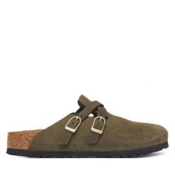 Klapki Birkenstock. Zielone klapki Birkenstock, bez wzorów, bez obcasa, bez zapięcia. Za 674.99 zł.