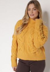Żółty Golf z Domieszką Wełny Zdobiony Oryginalnym Splotem Fedwira. Żółte swetry Born2be, na zimę, uniwersalny, z aplikacjami, z jeansu, biznesowe, bez ramiączek. Za 159.99 zł.