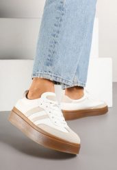 Biało-Beżowe Klasyczne Sneakersy Tenisówki na Niskiej Platformie Denirla. Białe trampki Renee, bez wzorów, z jeansu, eleganckie, bez zapięcia. Za 79.99 zł.