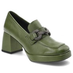 Zielone Półbuty Karino Eleganckie Skórzane Buty Na Obcasie. Zielone półbuty wsuwane Karino, bez wzorów, ze skóry, eleganckie, bez obcasa, na obcasie. Za 389.00 zł.
