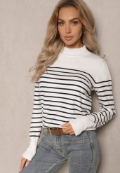Biały Golf z Bawełną i Wiskozą w Paski z Nitami Viacira. Białe swetry Renee, l, bez wzorów, z bawełny, casualowe, bez ramiączek. W wyprzedaży za 63.99 zł.