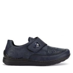 Półbuty Rieker. Niebieskie półbuty wsuwane Rieker, bez wzorów, bez obcasa, na płaskiej podeszwie. Za 319.99 zł.