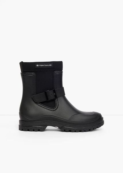 Kalosze Tom Tailor z elastyczną wstawką. Czarne botki bonprix, bez wzorów, bez obcasa, bez zapięcia. Za 219.99 zł.