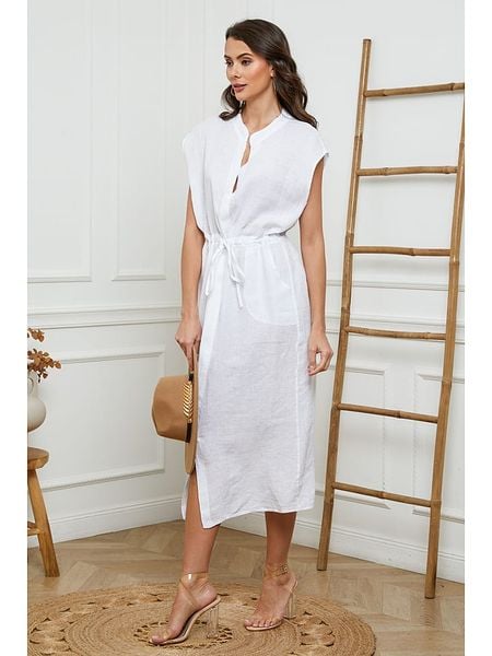 Joséfine Lniana sukienka w kolorze białym rozmiar: XXL. Białe sukienki Joséfine, xxl, bez wzorów, ze lnu, bez kołnierzyka, bez ramiączek, maxi. Za 174.84 zł.