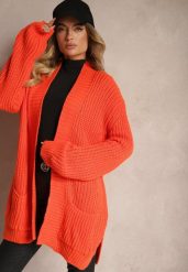 Pomarańczowy Kardigan z Kieszeniami Niezapinany Parika. Brązowe swetry Renee, m, bez wzorów, z jeansu, eleganckie, bez ramiączek. W wyprzedaży za 103.99 zł.