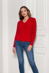 Sweter w Serek z Dzianiny w Prążek - Czerwony. Czerwone swetry Lanti, l, bez wzorów, z dzianiny, bez ramiączek. Za 229.90 zł.