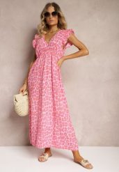 Różowa Sukienka Boho z Bawełny Ozdobiona Wiązaniem Carivia. Czerwone sukienki Renee, bez wzorów, z bawełny, boho, bez kołnierzyka, bez ramiączek, maxi. W wyprzedaży za 119.99 zł.