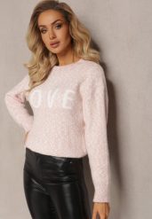 Różowy Sweter z Ozdobnym Napisem Wykończony Ściągaczami Minisoji. Czerwone swetry Renee, l, bez wzorów, z elastanu, casualowe, bez ramiączek. W wyprzedaży za 87.99 zł.