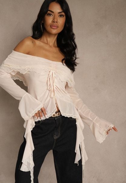 Jasnobeżowa Bluzka Off Shoulder z Falbankami z Siateczki z Bawełny i Wiskozy Fenisella. Brązowe bluzki Renee, l, bez wzorów, z bawełny, eleganckie, bez kołnierzyka, bez ramiączek. Za 89.99 zł.
