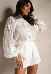 Biały Komplet z Wiskozą i Bawełną Szorty i Koszula z Haftem Milviola. Białe koszule Renee, m, bez wzorów, z bawełny, eleganckie, bez kołnierzyka, bez ramiączek. W wyprzedaży za 183.99 zł.