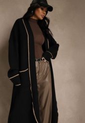 Czarny Niezapinany Kardigan o Długim Kroju z Lamówką Venisse. Czarne swetry Renee, bez wzorów, z jeansu, klasyczne, bez ramiączek. Za 129.99 zł.