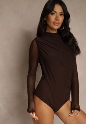 Brązowe Body Longsleeve ze Stójką z Siateczki z Domieszką Wiskozy Liravia. Brązowe body i gorsety Renee, bez wzorów, z jeansu, bez ramiączek. Za 99.99 zł.