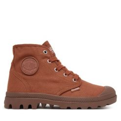 Trapery Palladium. Brązowe traperki Palladium, bez wzorów, bez obcasa, bez zapięcia. Za 379.99 zł.