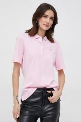 Tommy Hilfiger polo damski kolor różowy z kołnierzykiem. Czerwone t-shirty Tommy Hilfiger, z aplikacjami, bez kołnierzyka, bez ramiączek. Za 299.99 zł.