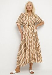 Brązowa Pudełkowa Sukienka z Wiskozy w Geometryczny Wzór z Paskiem Luniretia. Brązowe sukienki Born2be, na co dzień, xl, bez wzorów, z wiskozy, eleganckie, bez kołnierzyka, bez ramiączek, maxi. Za 89.99 zł.