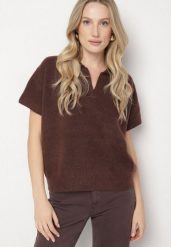 Brązowy Sweter z Wełną z Krótkim Rękawem i Kołnierzykiem Tevalina. Brązowe swetry Born2be, uniwersalny, bez wzorów, z jeansu, eleganckie, bez ramiączek. Za 129.99 zł.
