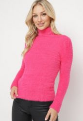 Fuksjowy Elastyczny Golf z Wełną i Ściągaczami Ozdobiony Długim Włosem Alussone. Czerwone swetry Born2be, bez wzorów, z dzianiny, bez ramiączek. Za 44.99 zł.